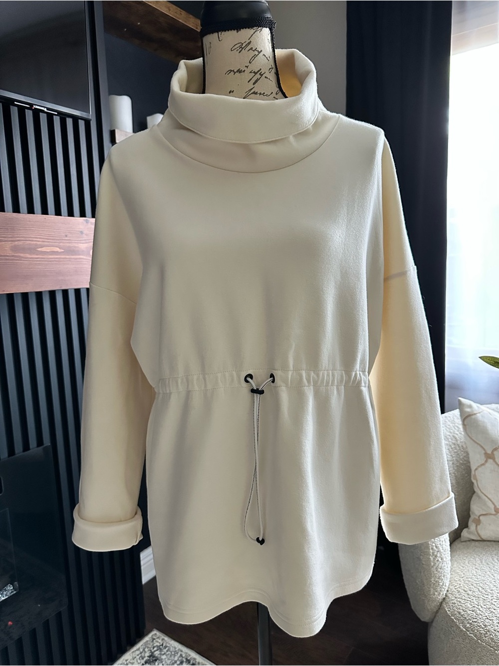 VARLEY Cream Cowl Neck Drawstring Waist Pullover Sweatshirt XS